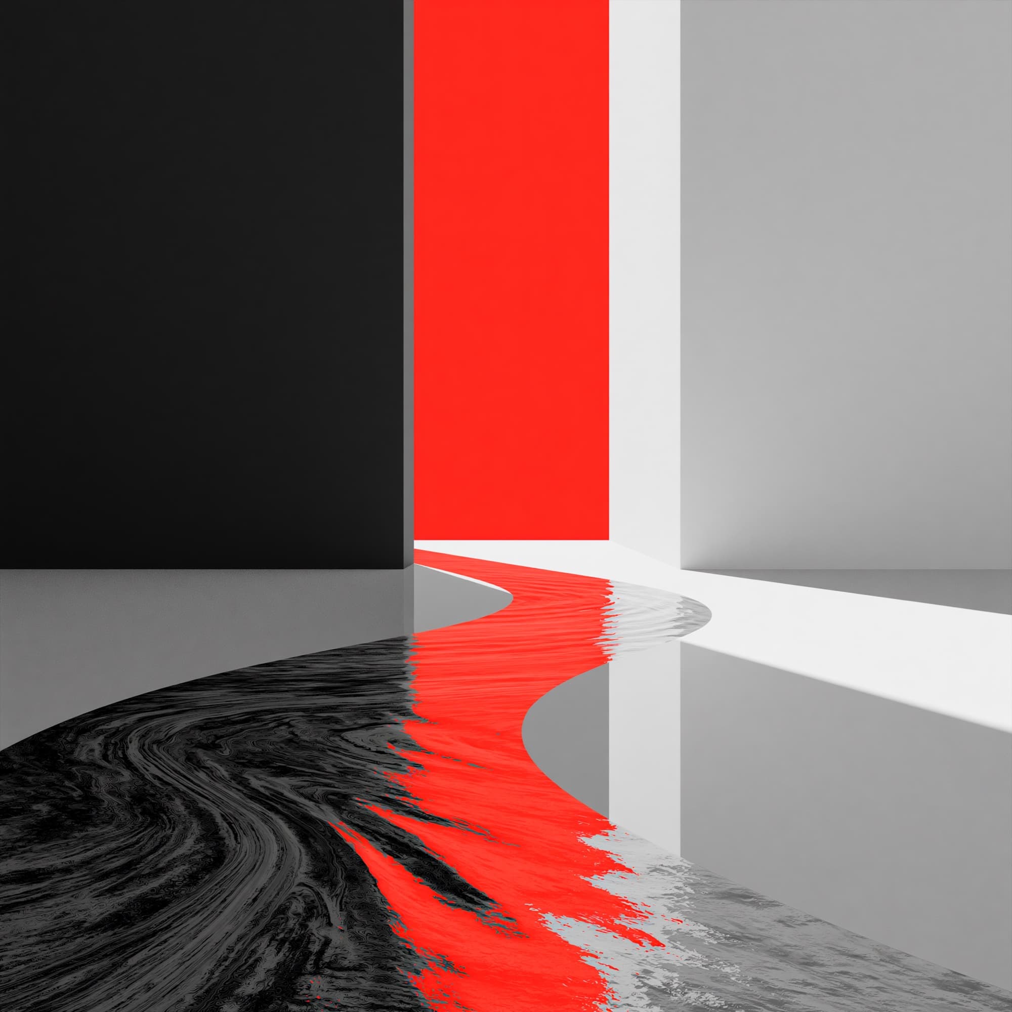A red liquid path cutting through a monochrome room